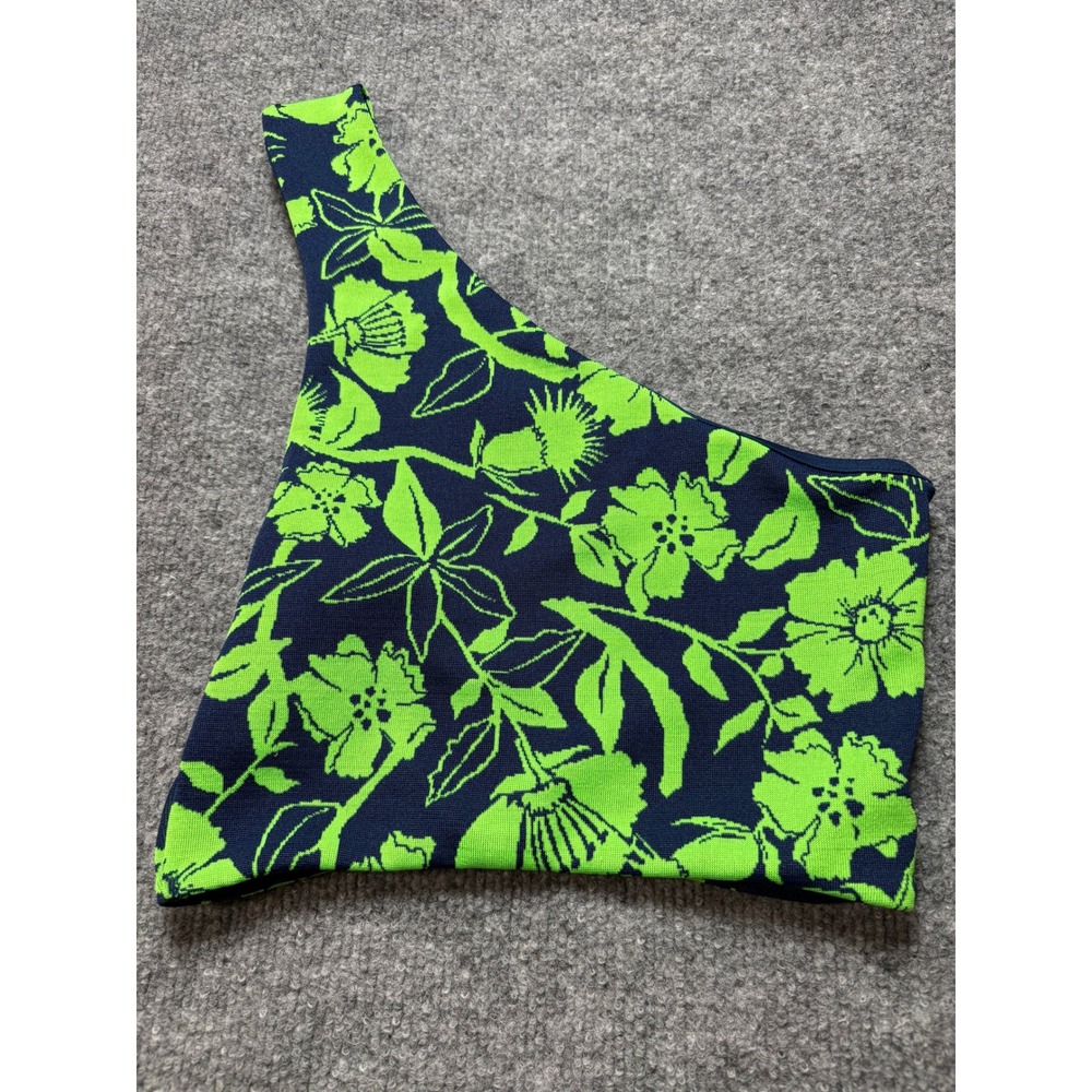 Zara Womens One Shoulder Floral Knit Crop Top Navy Lime Green Small